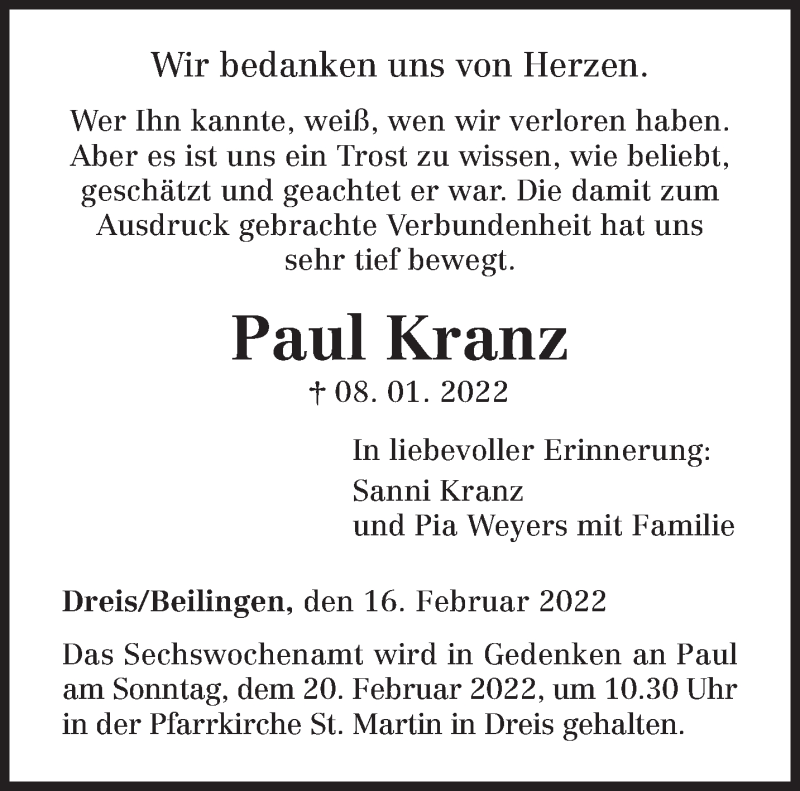  Traueranzeige für Paul Kranz vom 15.02.2022 aus trierischer_volksfreund