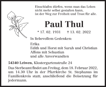 Traueranzeige von Paul Thul von trierischer_volksfreund