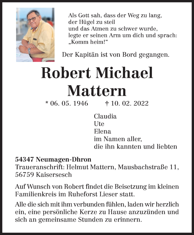  Traueranzeige für Robert Michael Mattern vom 25.02.2022 aus trierischer_volksfreund