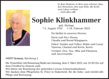 Traueranzeige von Sophie Klinkhammer von trierischer_volksfreund