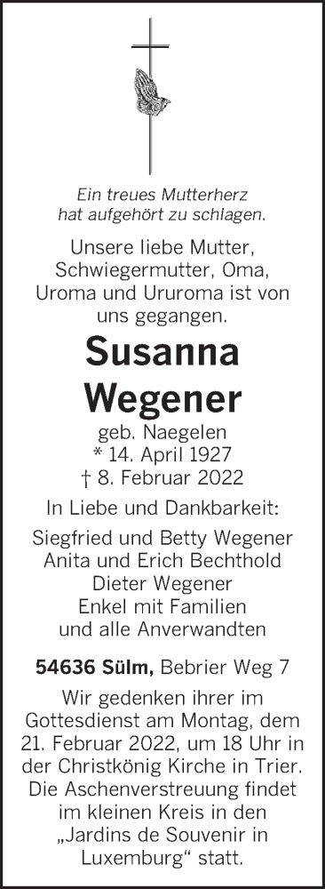  Traueranzeige für Susann Wegener vom 16.02.2022 aus trierischer_volksfreund