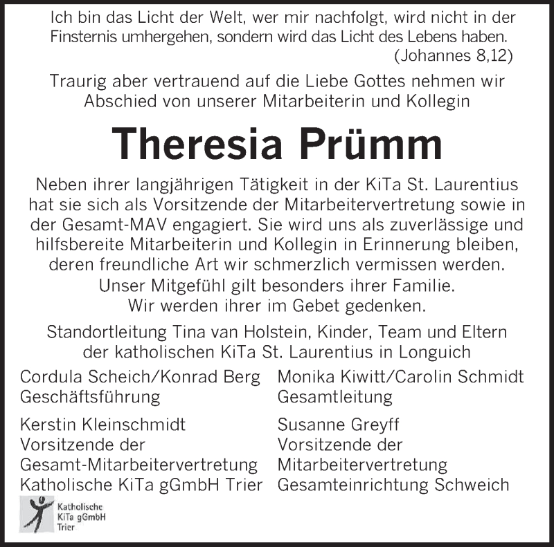  Traueranzeige für Theresia Prümm vom 11.02.2022 aus trierischer_volksfreund