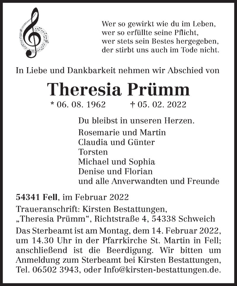  Traueranzeige für Theresia Prümm vom 09.02.2022 aus trierischer_volksfreund