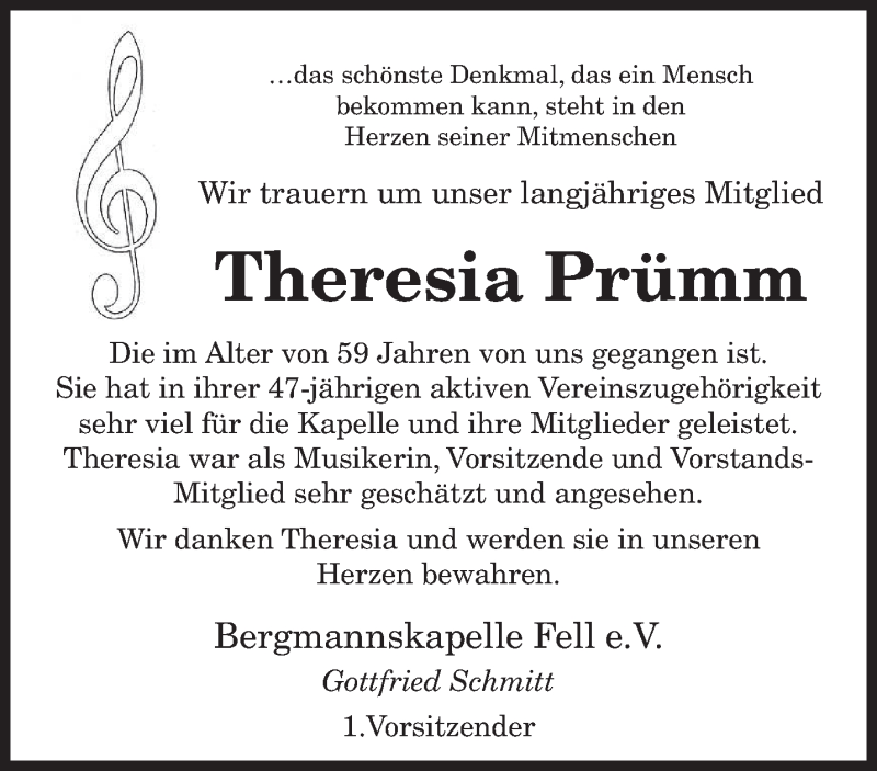  Traueranzeige für Theresia Prümm vom 09.02.2022 aus trierischer_volksfreund
