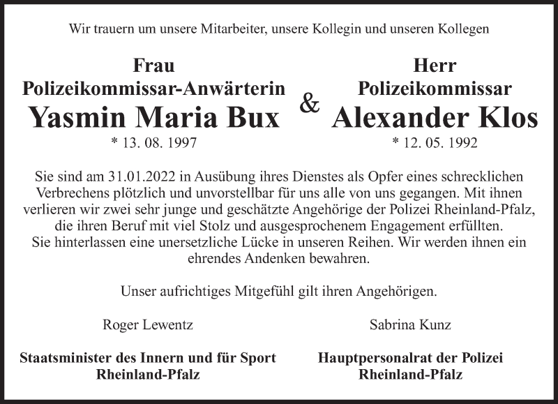  Traueranzeige für Yasmin Maria Bux und Alexander Klos  vom 12.02.2022 aus trierischer_volksfreund