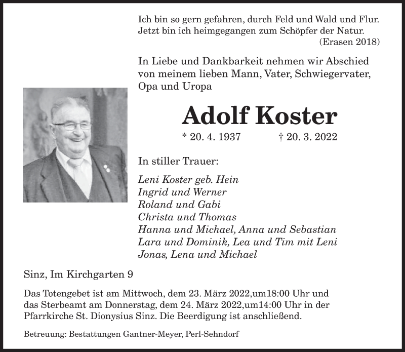  Traueranzeige für Adolf Koster vom 22.03.2022 aus trierischer_volksfreund