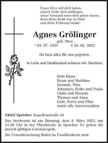 Traueranzeige von Agnes Grölinger von trierischer_volksfreund