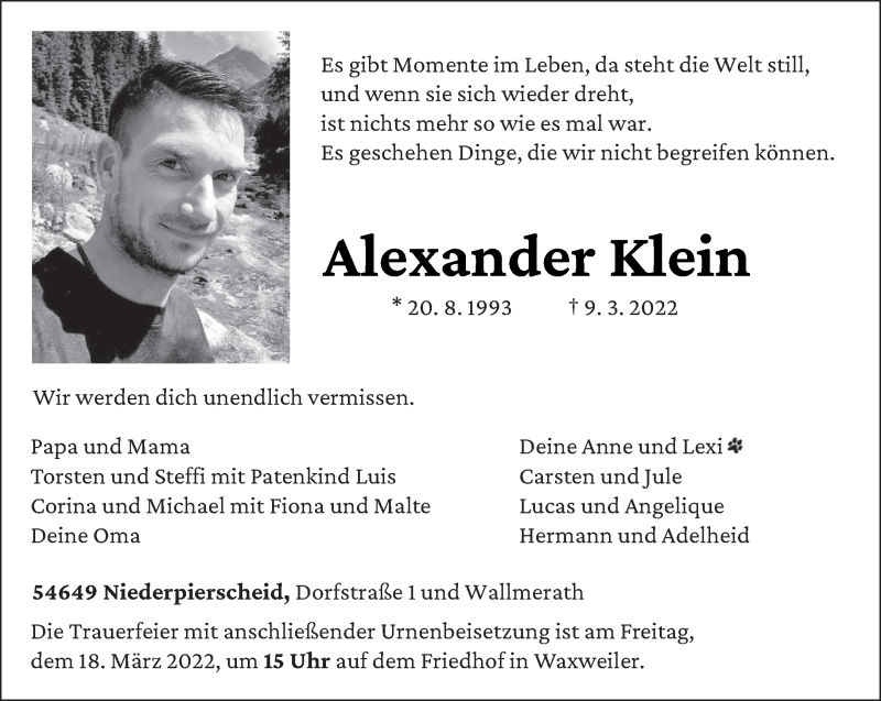  Traueranzeige für Alexander Klein vom 12.03.2022 aus trierischer_volksfreund