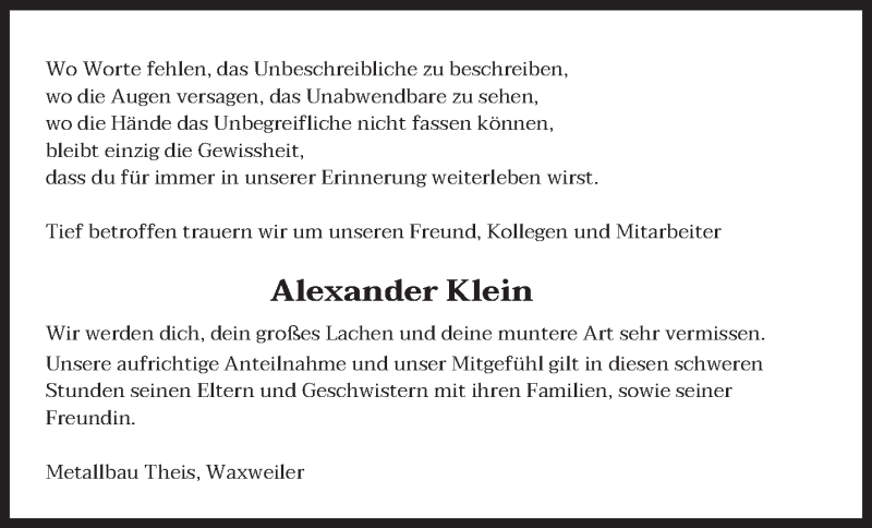  Traueranzeige für Alexander Klein vom 15.03.2022 aus trierischer_volksfreund