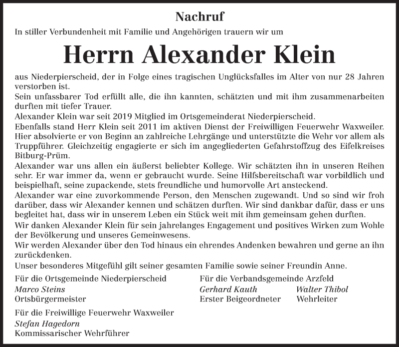  Traueranzeige für Alexander Klein vom 16.03.2022 aus trierischer_volksfreund
