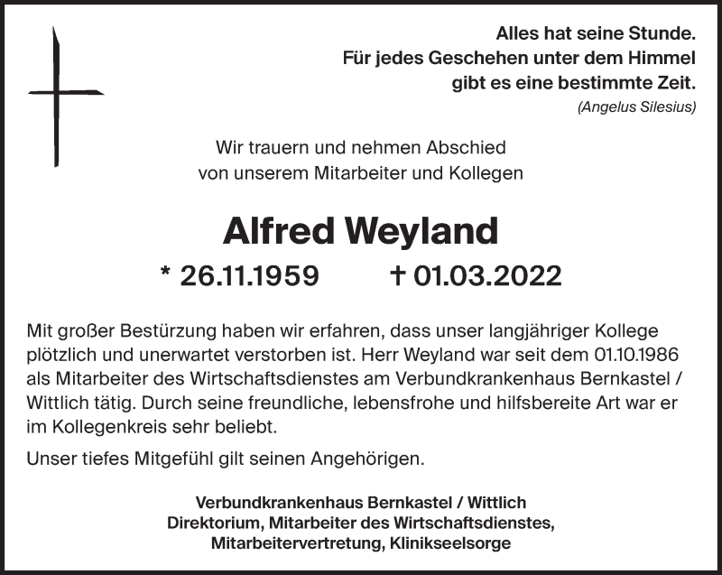  Traueranzeige für Alfred Weyland vom 14.03.2022 aus trierischer_volksfreund