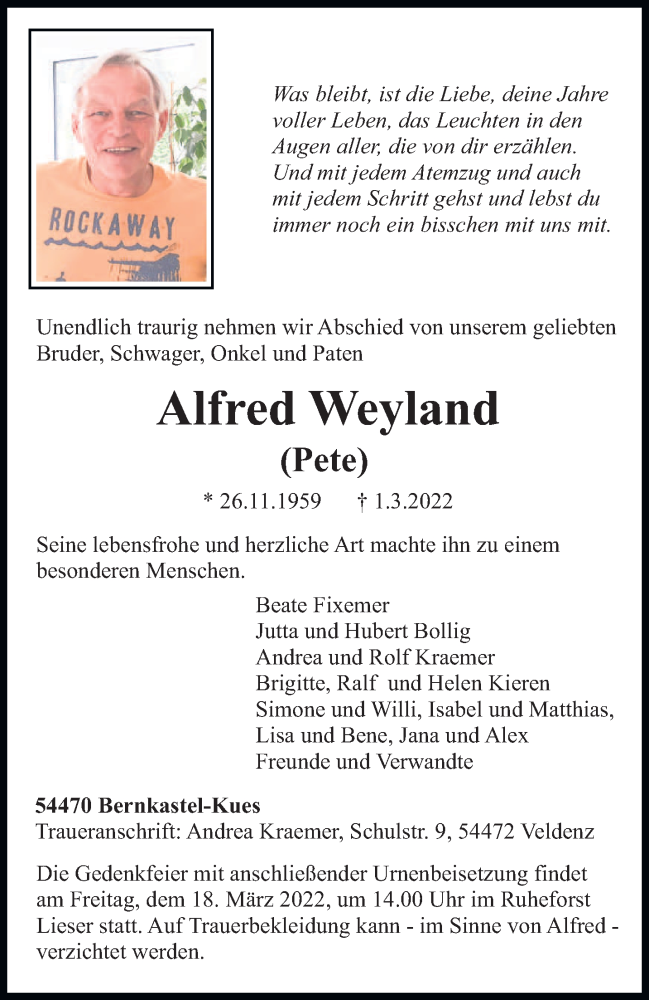  Traueranzeige für Alfred Weyland vom 14.03.2022 aus trierischer_volksfreund
