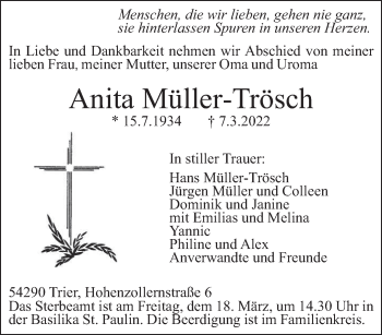 Traueranzeige von Anita Müller-Trösch von trierischer_volksfreund