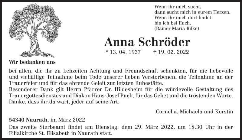  Traueranzeige für Anna Schröder vom 26.03.2022 aus trierischer_volksfreund
