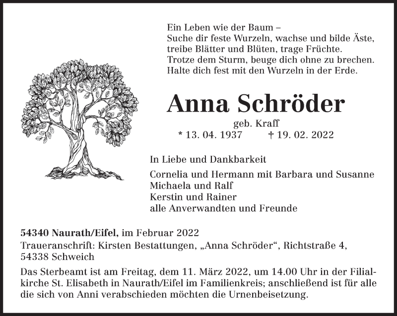  Traueranzeige für Anna Schröder vom 05.03.2022 aus trierischer_volksfreund