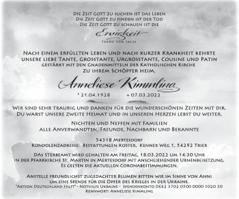 Traueranzeige von Anneliese Kimmling von trierischer_volksfreund