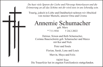 Traueranzeige von Annemie Schumacher von trierischer_volksfreund