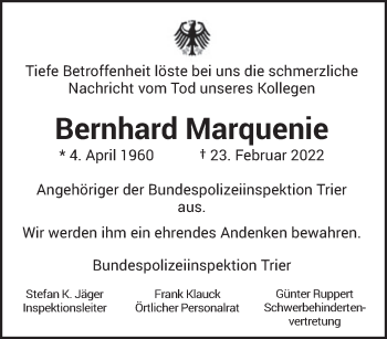 Traueranzeige von Bernhard Marquenie von trierischer_volksfreund