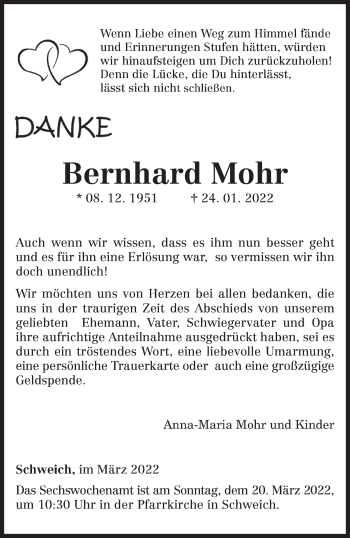Traueranzeige von Bernhard Mohr von trierischer_volksfreund