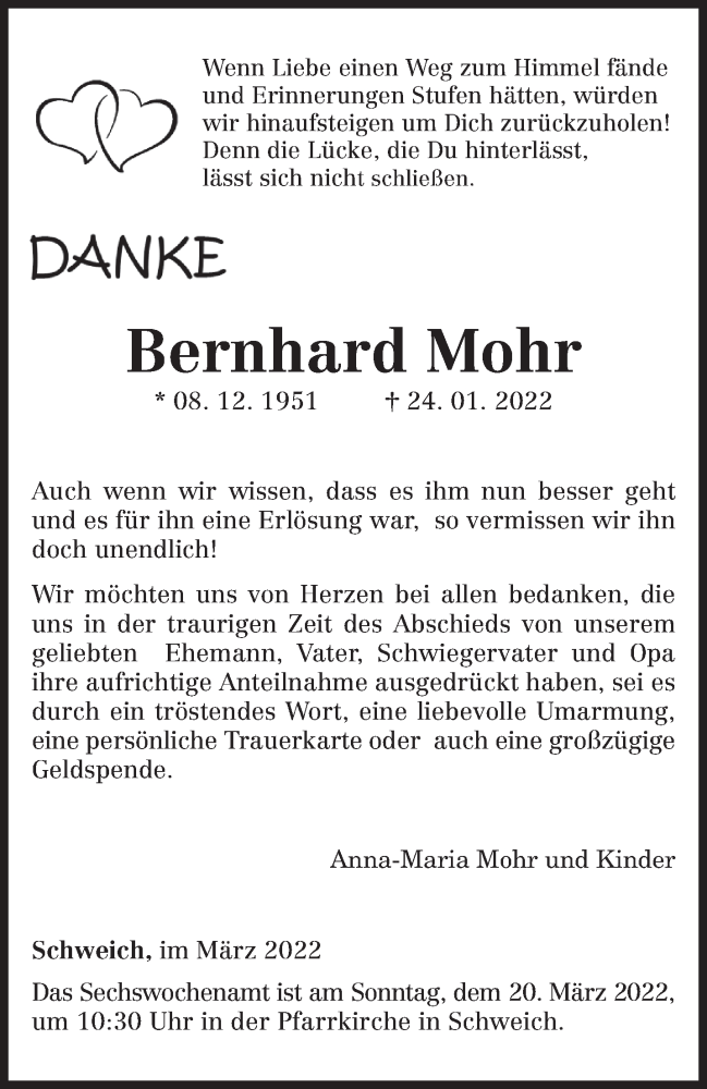  Traueranzeige für Bernhard Mohr vom 12.03.2022 aus trierischer_volksfreund