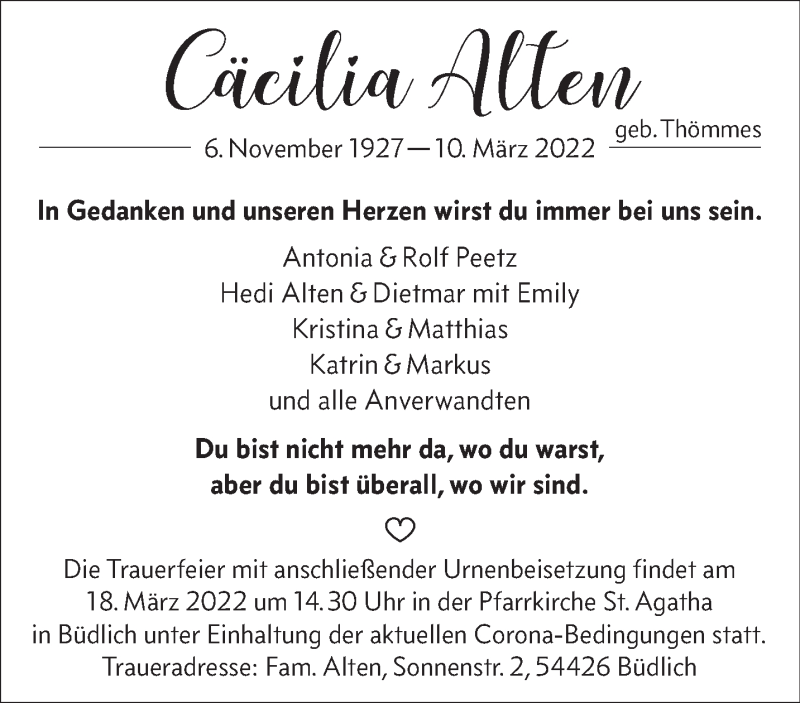  Traueranzeige für Cäcilia Alten vom 16.03.2022 aus trierischer_volksfreund