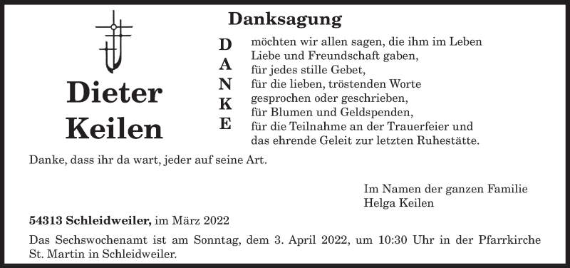  Traueranzeige für Dieter Keilen vom 30.03.2022 aus trierischer_volksfreund