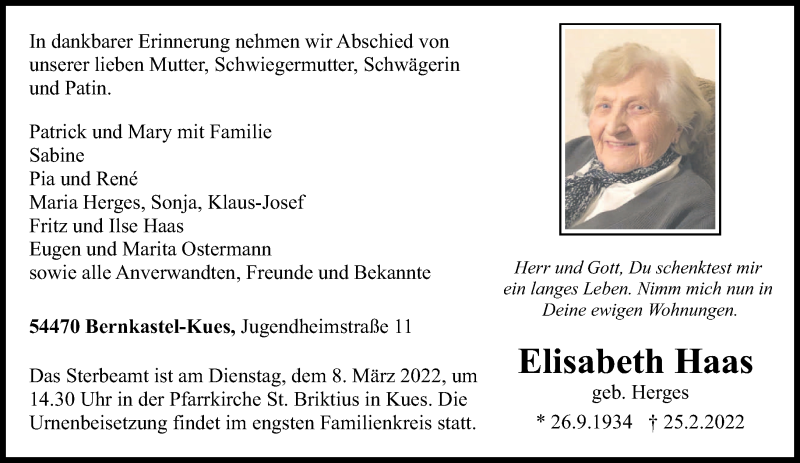  Traueranzeige für Elisabeth Haas vom 02.03.2022 aus trierischer_volksfreund