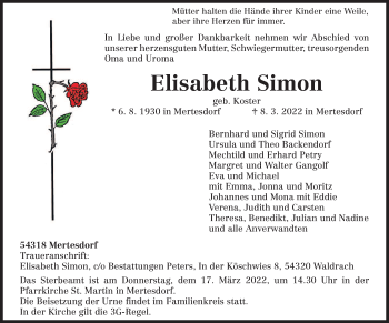 Traueranzeige von Elisabeth Simon von trierischer_volksfreund