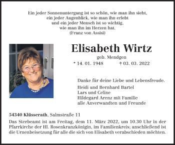 Traueranzeige von Elisabeth Wirtz von trierischer_volksfreund
