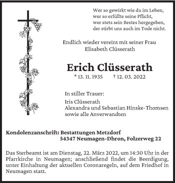 Traueranzeige von Erich Clüsserath von trierischer_volksfreund