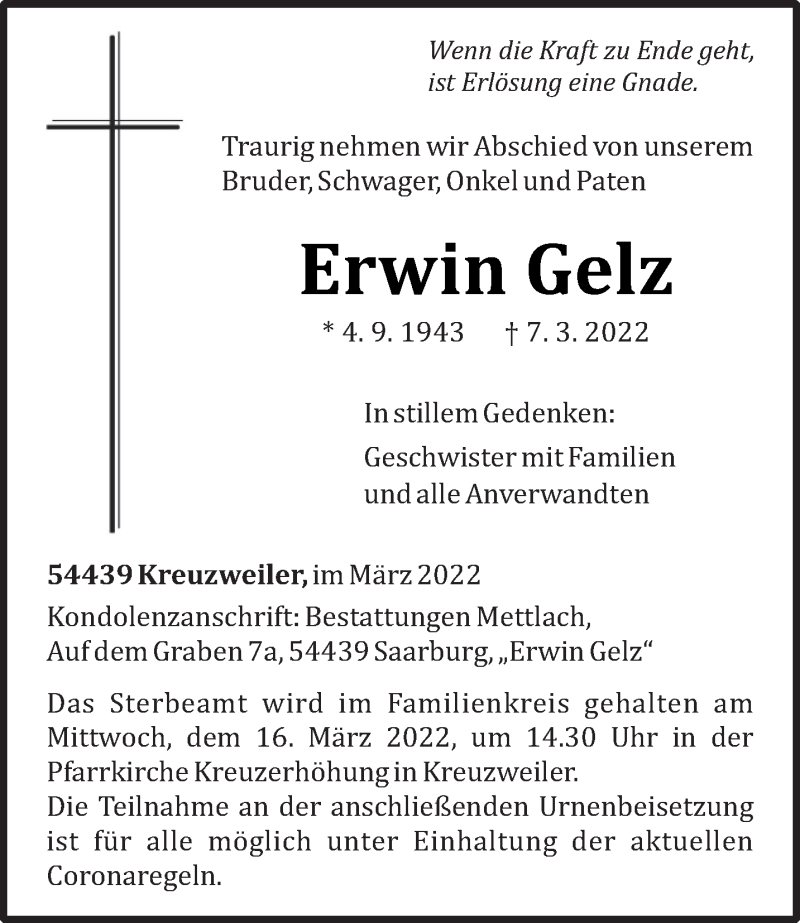  Traueranzeige für Erwin Gelz vom 12.03.2022 aus trierischer_volksfreund