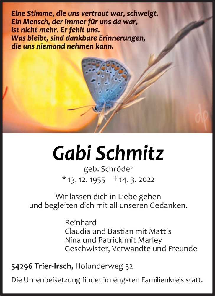  Traueranzeige für Gabi Schmitz vom 19.03.2022 aus trierischer_volksfreund