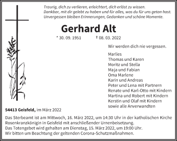 Traueranzeige von Gerhard Alt von trierischer_volksfreund