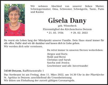Traueranzeige von Gisela Dany von trierischer_volksfreund