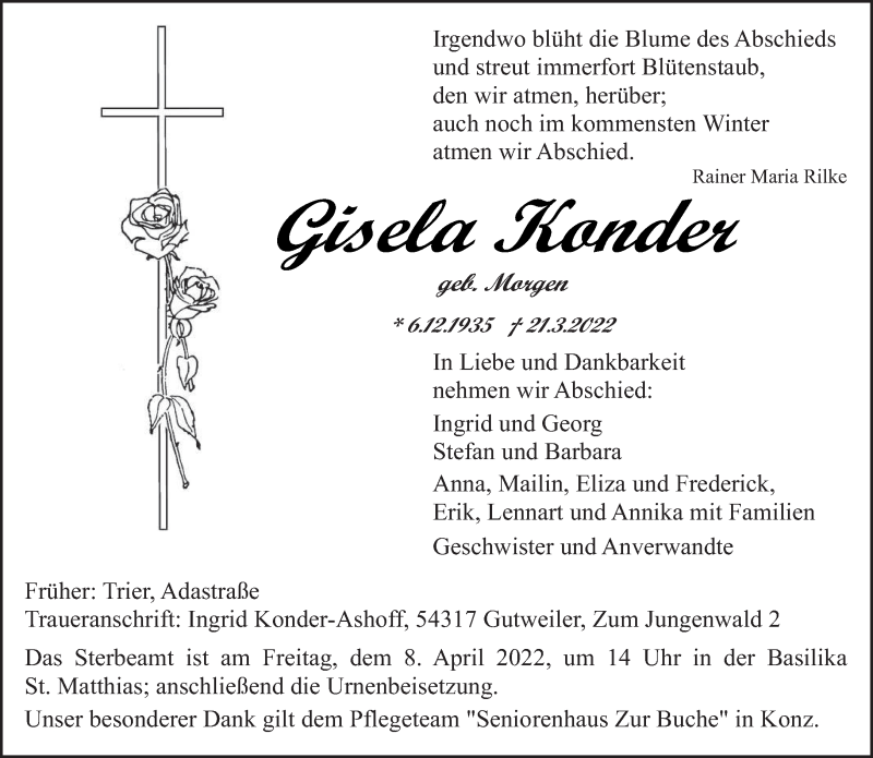  Traueranzeige für Gisela Konder vom 30.03.2022 aus trierischer_volksfreund