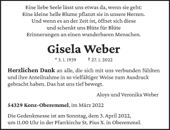 Traueranzeige von Gisela Weber von trierischer_volksfreund