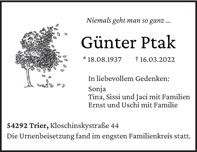  Traueranzeige für Günter Ptak vom 30.03.2022 aus trierischer_volksfreund