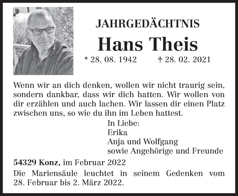  Traueranzeige für Hans Theis vom 28.02.2022 aus trierischer_volksfreund