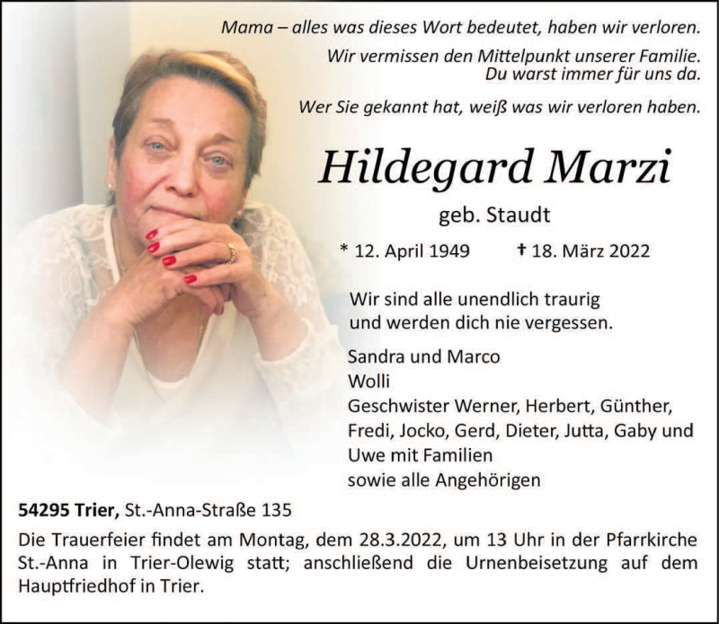  Traueranzeige für Hildegard Marzi vom 24.03.2022 aus trierischer_volksfreund