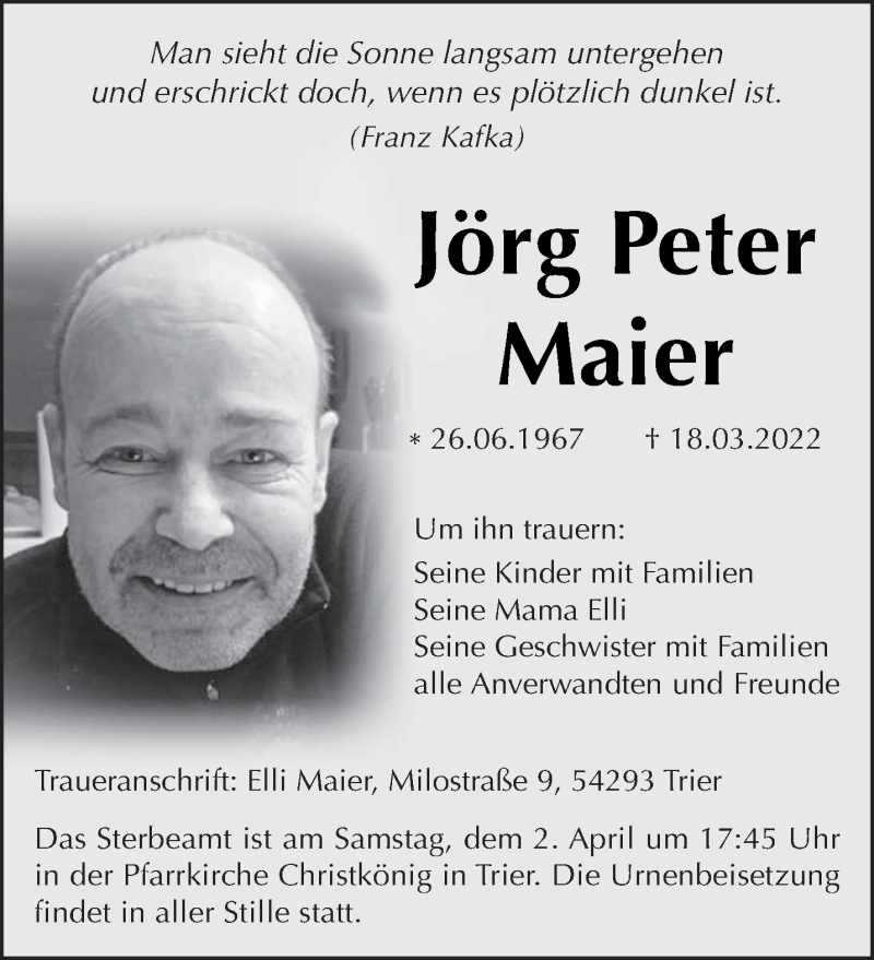  Traueranzeige für Jörg Peter Maier vom 26.03.2022 aus trierischer_volksfreund
