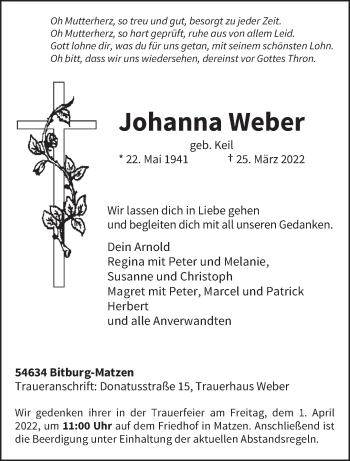 Traueranzeige von Johanna Weber von trierischer_volksfreund