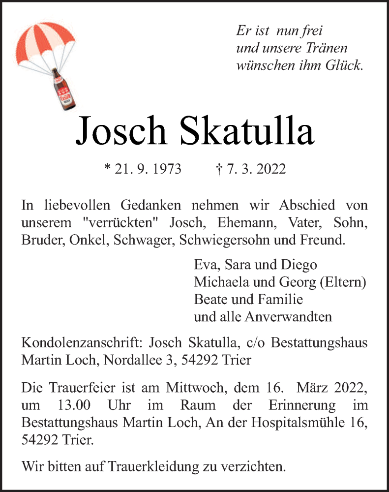  Traueranzeige für Josch Skatulla vom 12.03.2022 aus trierischer_volksfreund
