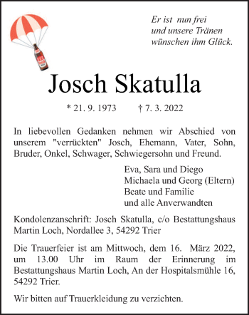Traueranzeige von Josch Skatulla von trierischer_volksfreund