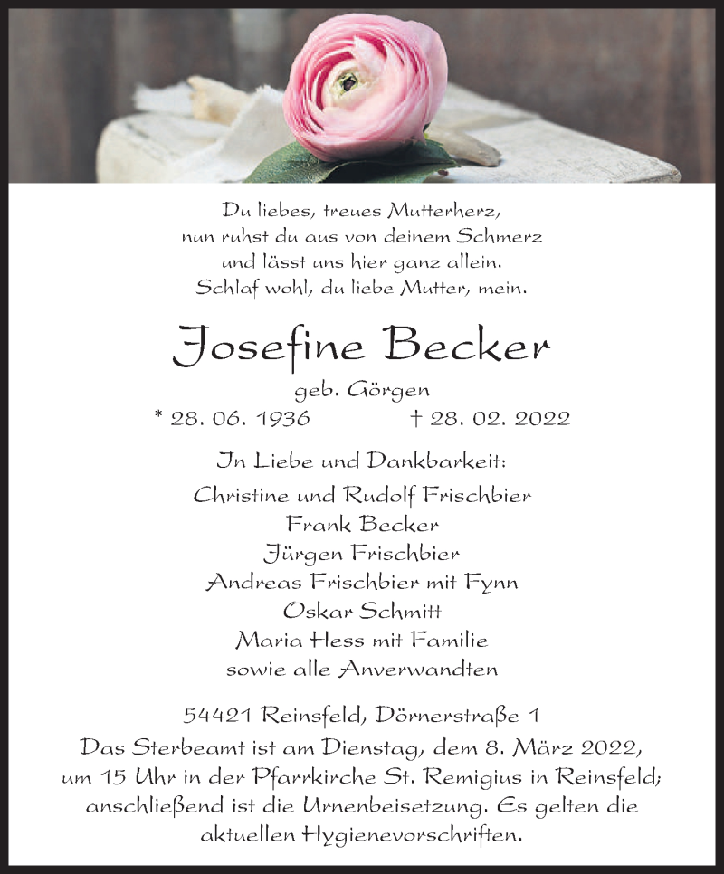  Traueranzeige für Josefine Becker vom 02.03.2022 aus trierischer_volksfreund