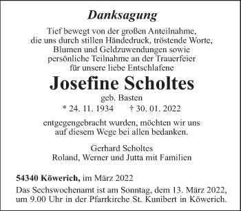 Traueranzeige von Josefine Scholtes von trierischer_volksfreund