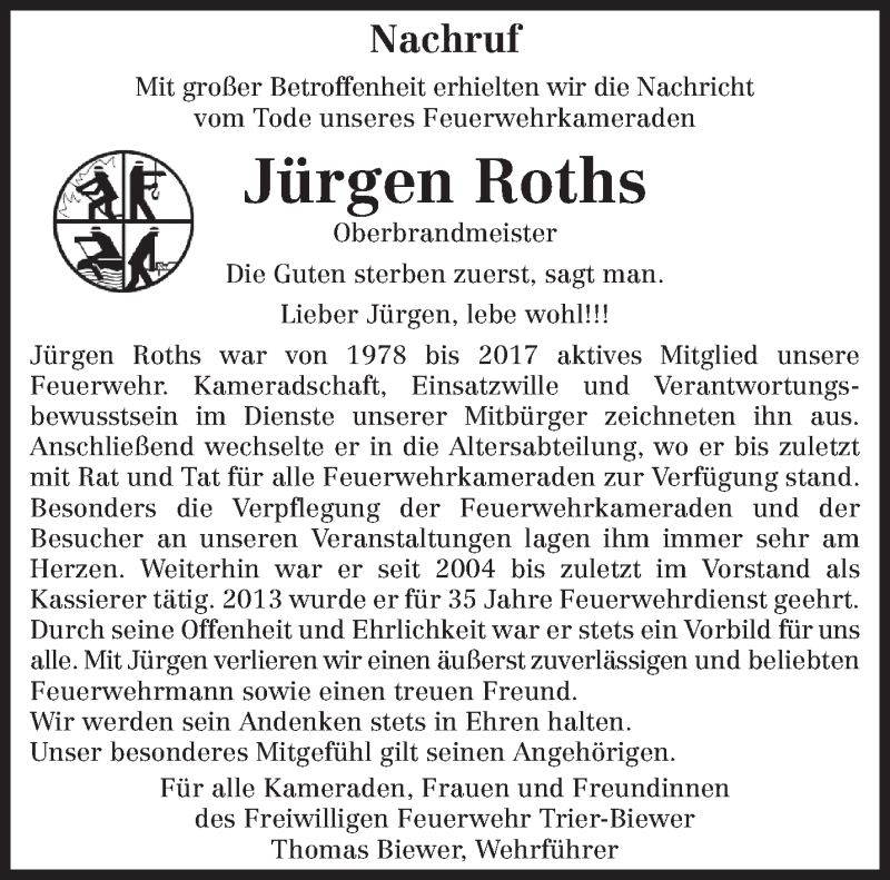  Traueranzeige für Jürgen Roths vom 08.03.2022 aus trierischer_volksfreund