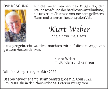 Traueranzeige von Kurt Weber von trierischer_volksfreund