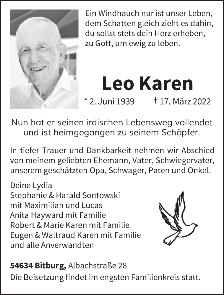  Traueranzeige für Leo Karen vom 23.03.2022 aus trierischer_volksfreund