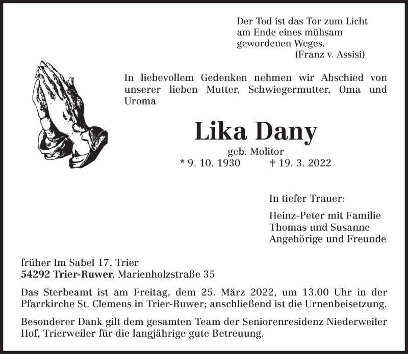  Traueranzeige für Lika Dany vom 23.03.2022 aus trierischer_volksfreund