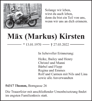 Traueranzeige von Mäx Kirsten von trierischer_volksfreund